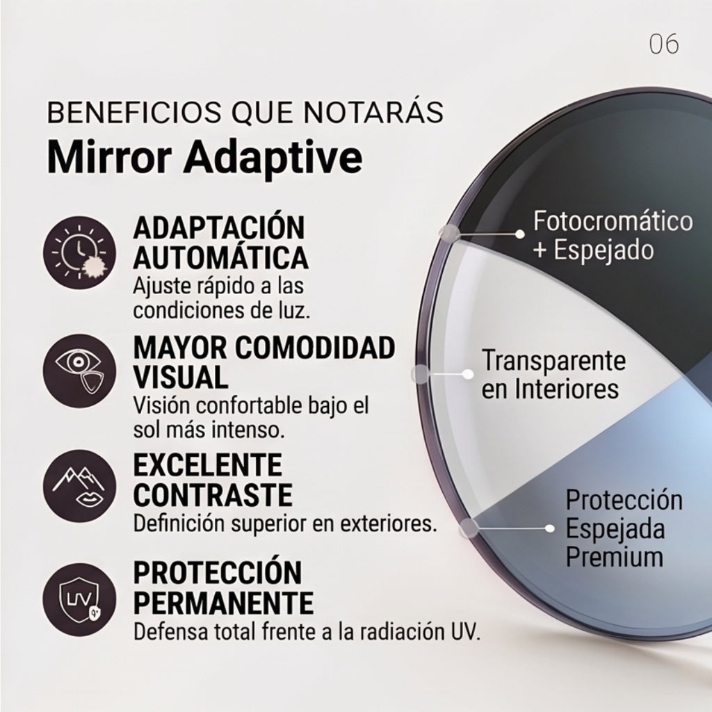 Mirror Adaptive | Fotocromático + Espejado. Dos tecnologías, una experiencia visual superior.